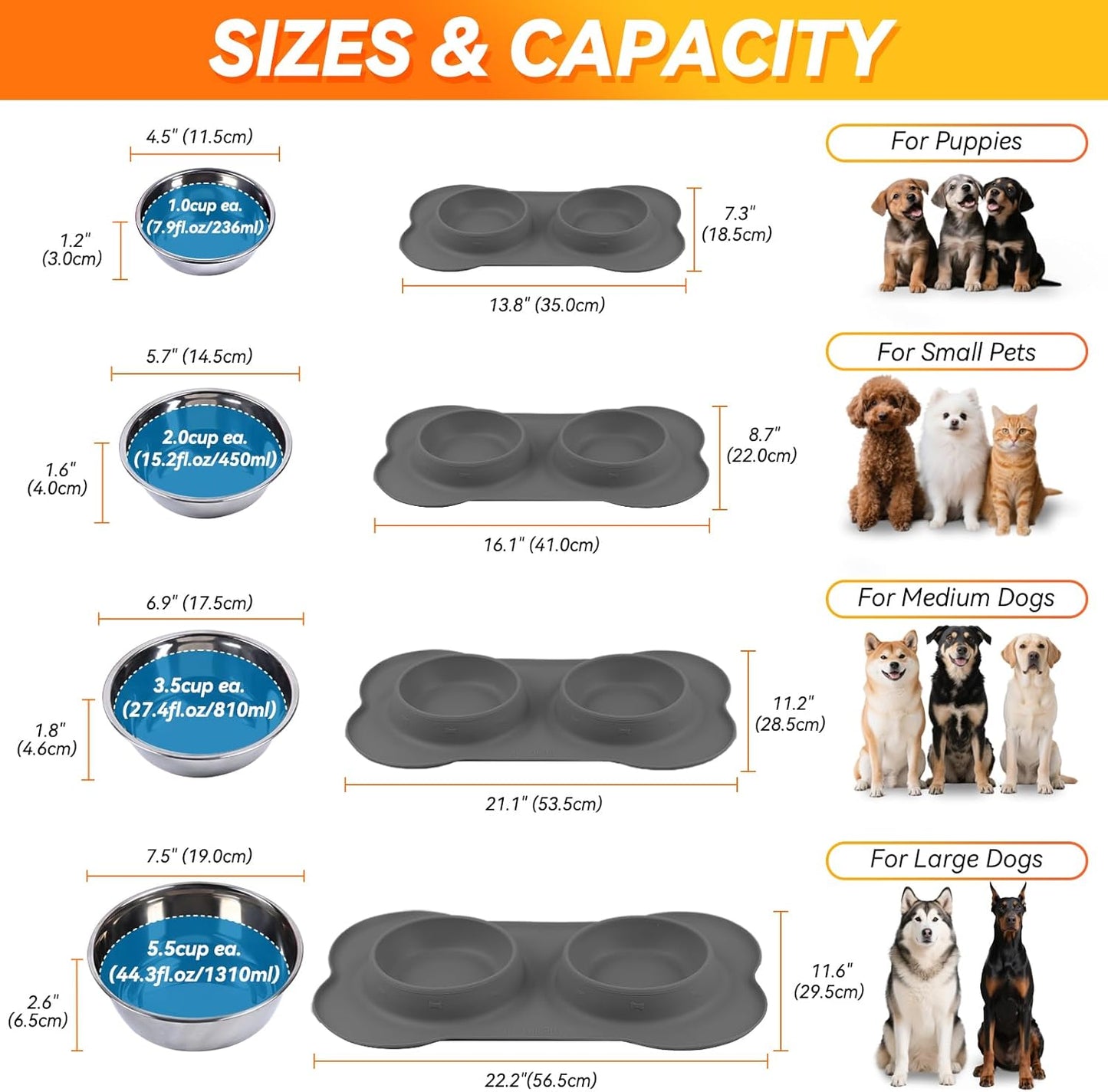 Dog Bowls, Dog Food Bowls, Stainless Steel Cat Puppy Water Bowls with Non Spill Skid Resistant Silicone Mat, Large, Blue