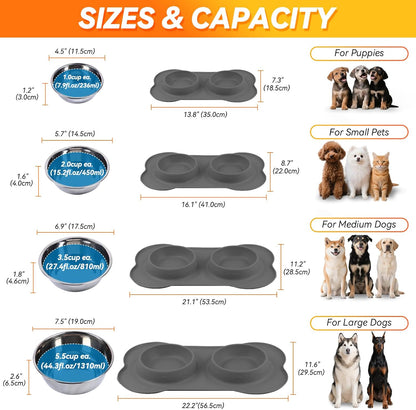 Dog Bowls, Dog Food Bowls, Stainless Steel Cat Puppy Water Bowls with Non Spill Skid Resistant Silicone Mat, Large, Blue
